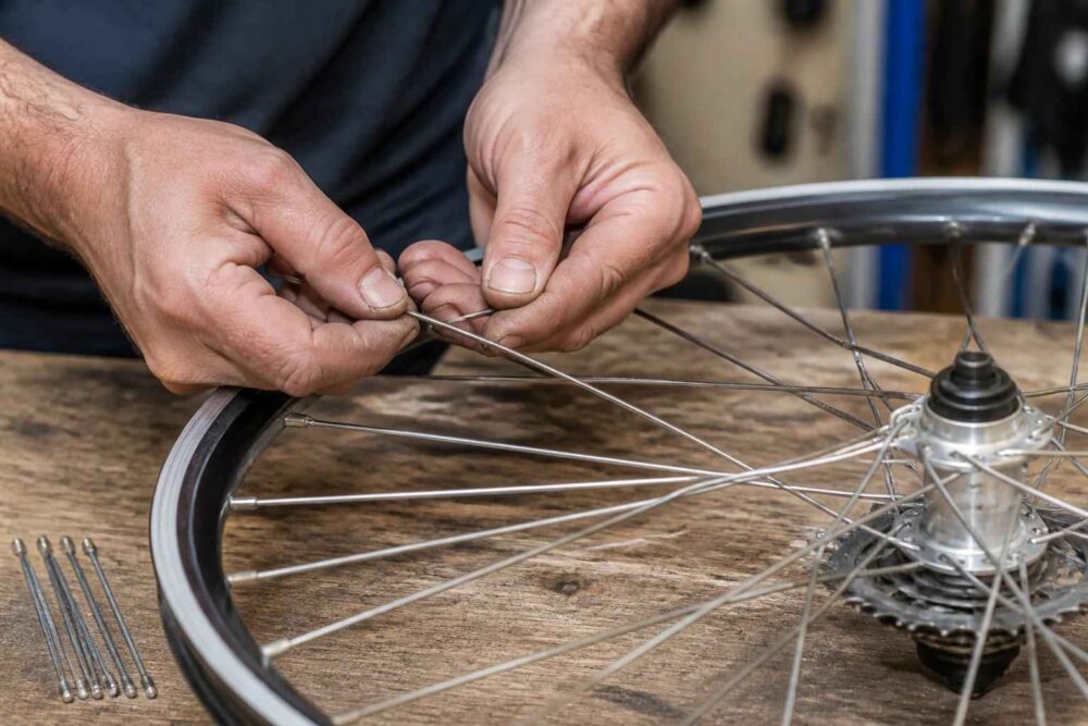 Mechanik mocuje szprychę w kole rowerowym podczas serwisowania piasty na drewnianym stole warsztatowym