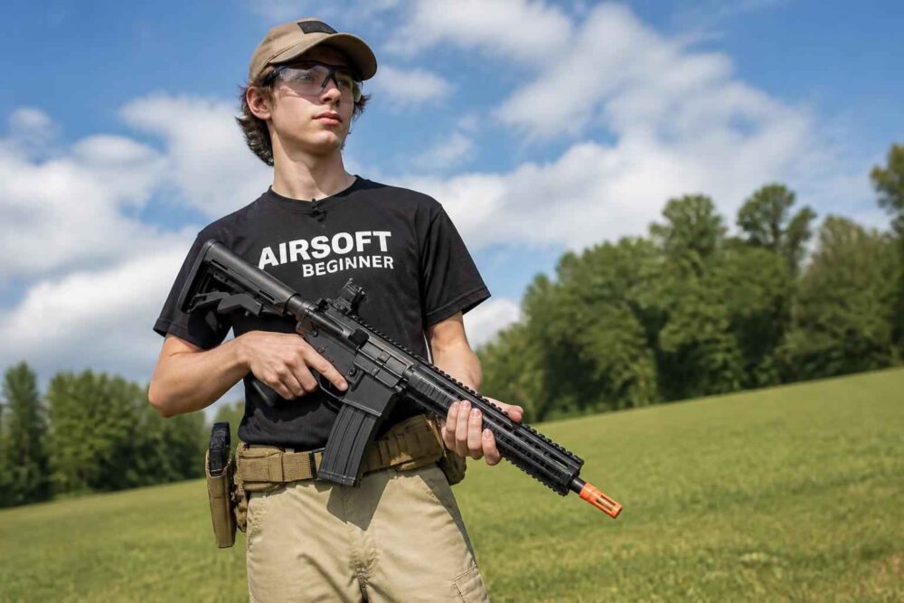Początkujący airsoftowiec z repliką karabinu Młody mężczyzna w koszulce Airsoft Beginner trzyma replikę karabinu na tle łąki i błękitnego nieba