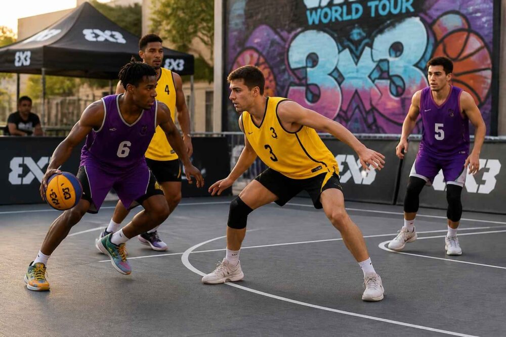 Koszykarze w żółtych i fioletowych strojach walczą o piłkę na boisku 3x3