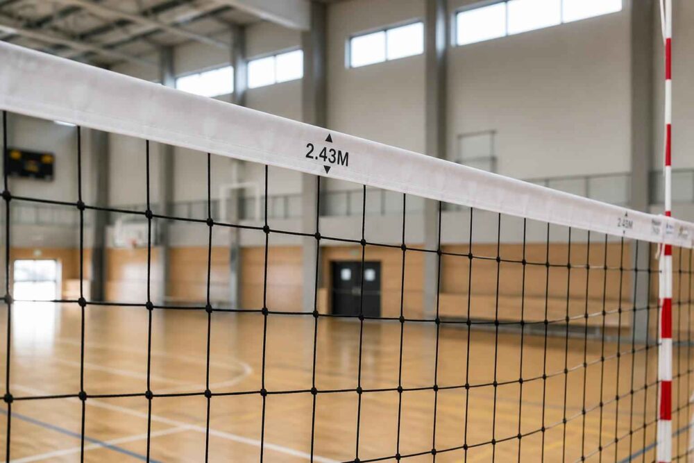 Siatka do siatkówki na tle drewnianego parkietu hali sportowej z oznaczeniem 2,43 m