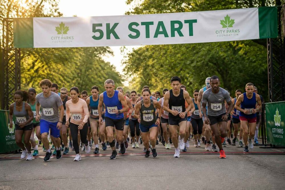 Grupa biegaczy rozpoczyna wyścig pod banerem 5K START w parku miejskim